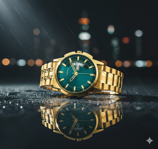 Golden Strap watch with Green Dial - Date and Time Analog Watch