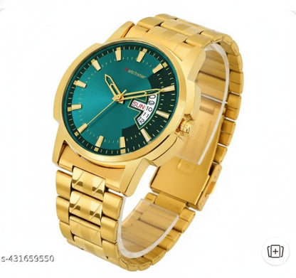Golden Strap watch with Green Dial - Date and Time Analog Watch