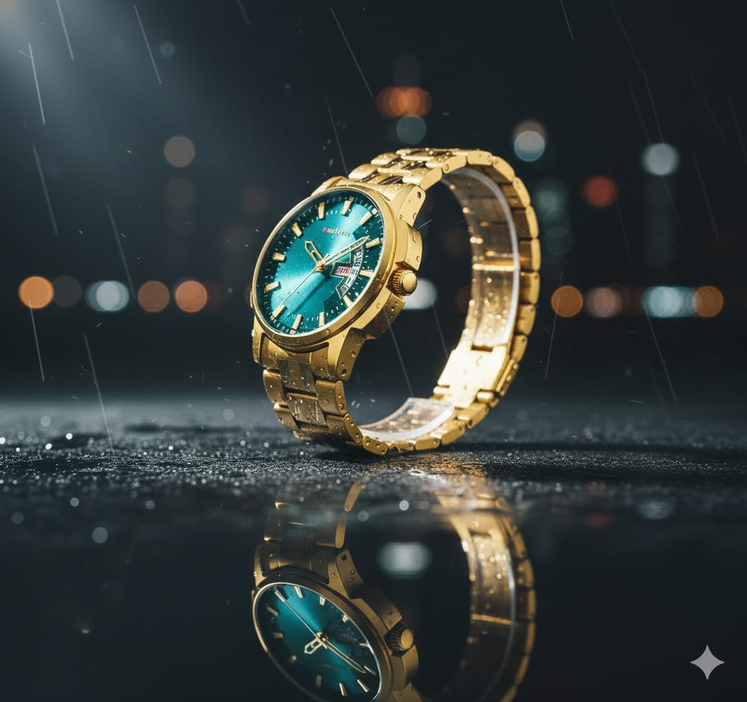 Golden Strap watch with Green Dial - Date and Time Analog Watch