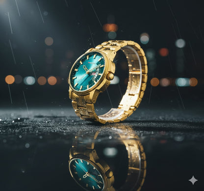 Golden Strap watch with Green Dial - Date and Time Analog Watch